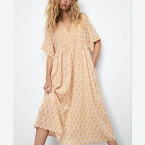 Zara  Oversized V Neck Kaftan Midi Dress NWT Yellow Pink Size XS